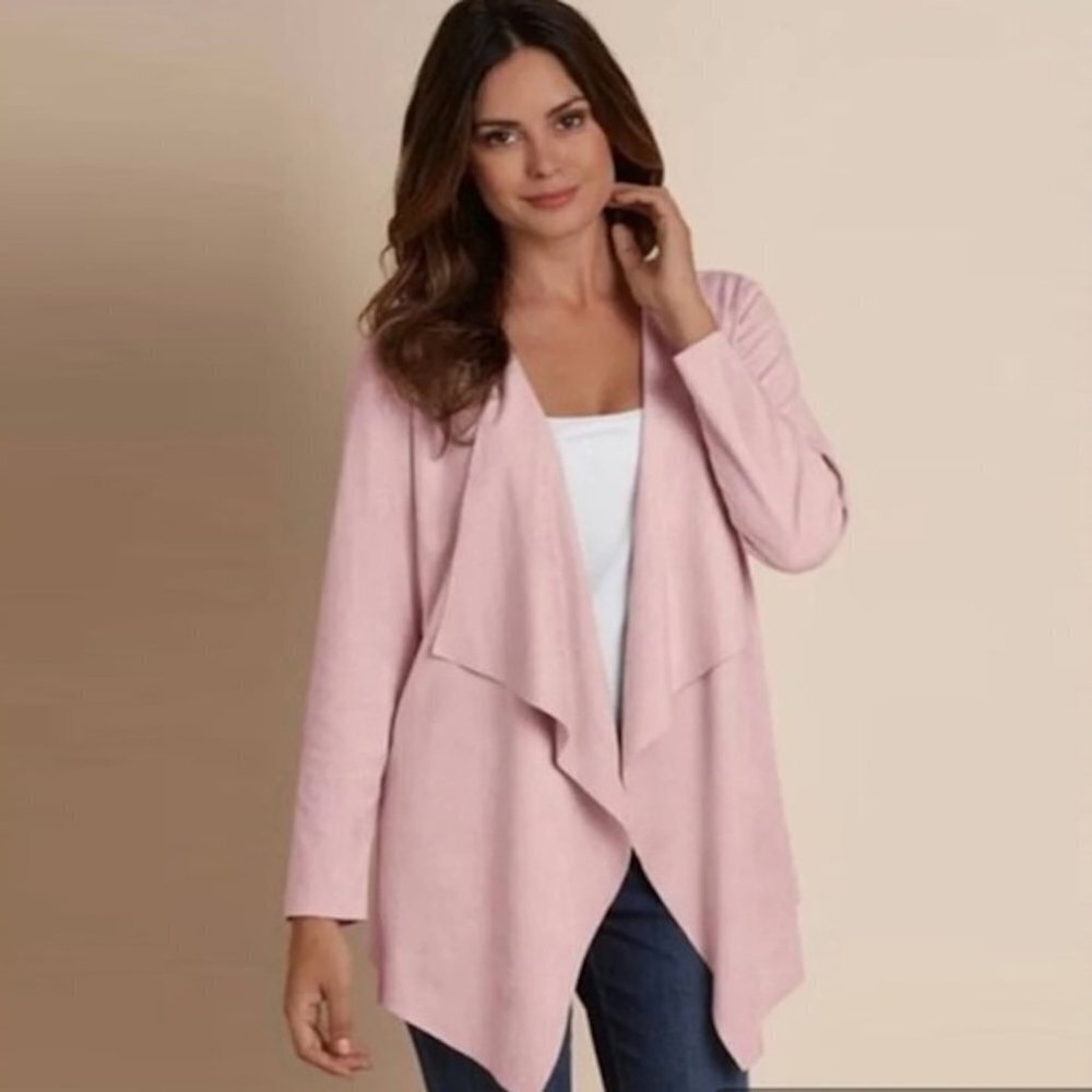 Soft Surroundings Faux Suede Ultra Soft Pink Waterfall Cardigan Size M - Picture 1 of 12